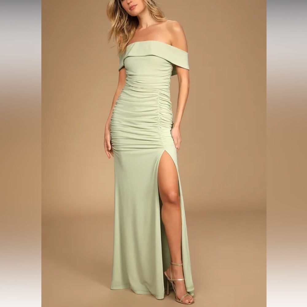 Lulu’s Light Sage Revel in the Romance MeshRuched Off-the-Shoulder Maxi Dress XL
